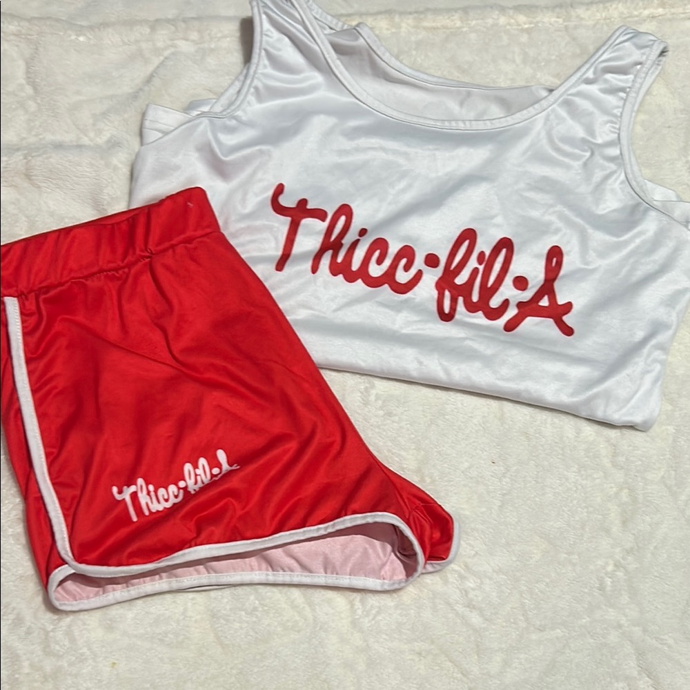 Red and White Thicc-fil-A Tank and Shorts Set